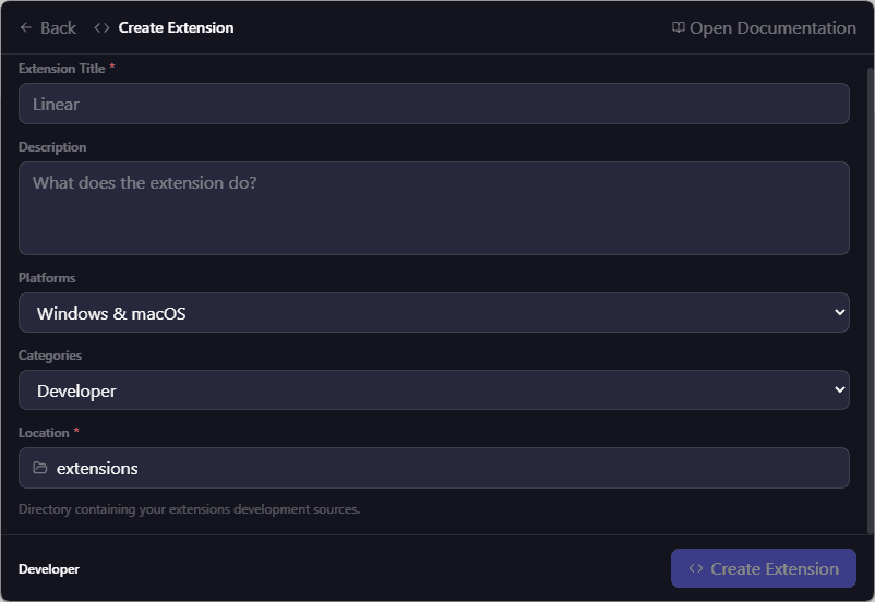 Volt Create Extension form showing fields for Extension Title, Description, Platforms, Categories, and Location
